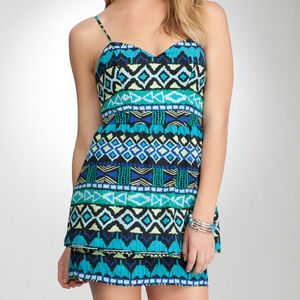 💋 BEBE dress tieded skirted blue green aztec print L new RARE 💋